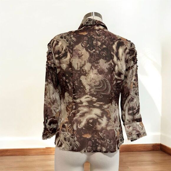 Lloyd Williams Y2K Brown Ruffle CrinkleButton Down Blouse Top S - Picture 2 of 6